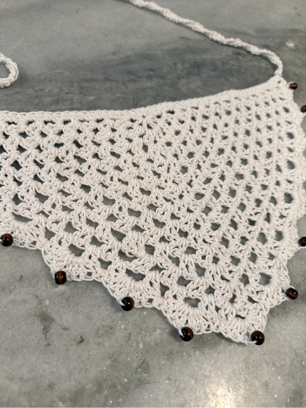 Handmade Crochet Wood Beaded Kerchief Head Scarf Cotton Boho Bandana Cottagecore